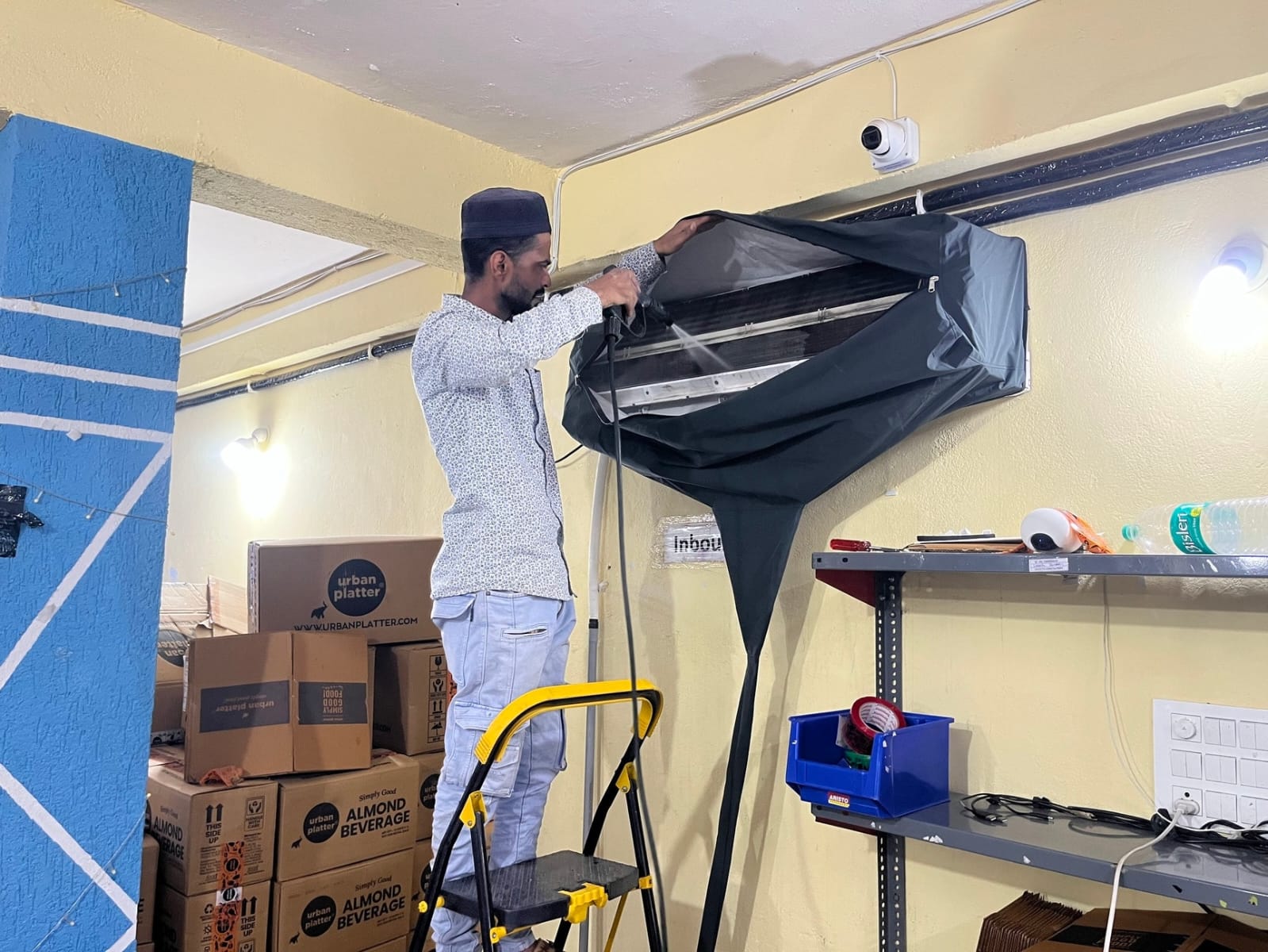 AC outdoor unit condenser coil cleaning in Rajwada Indore — dust and silt removal